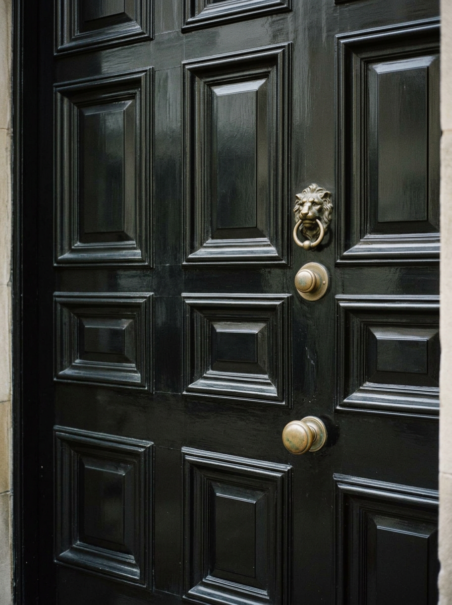 Polished brass door hardware on a refined residential front door